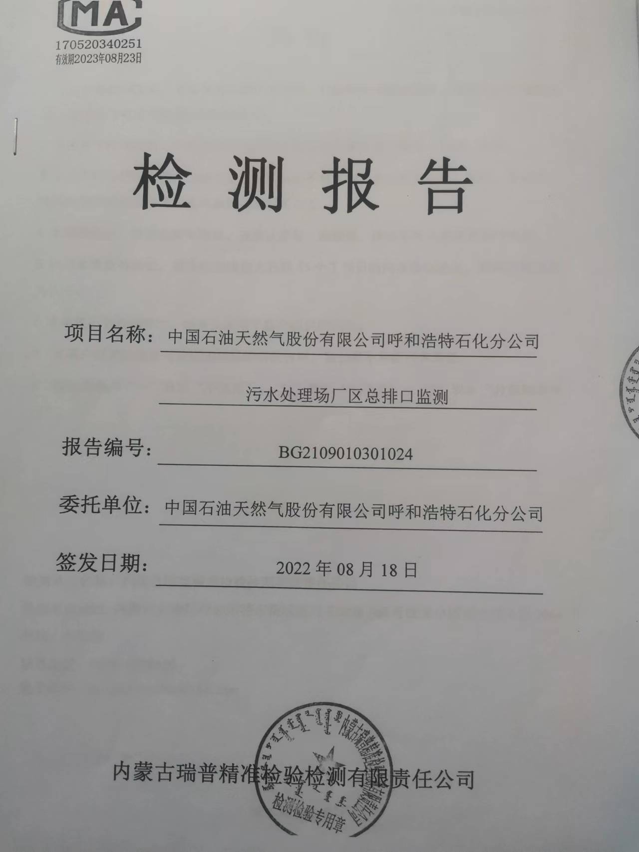 污水處理廠總排口監(jiān)測報告（呼石化）